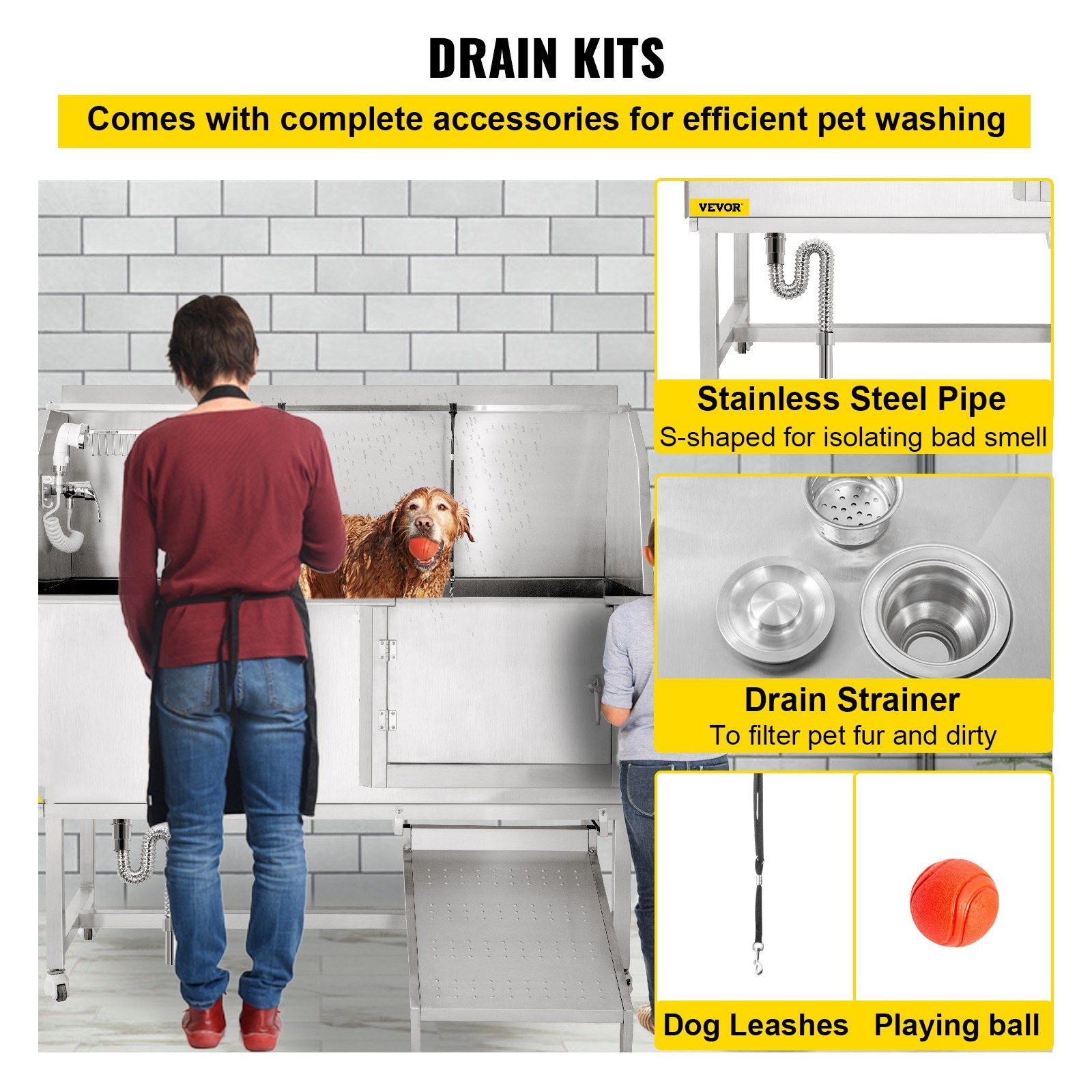 VEVOR Dog Grooming Tub, 62" R Pet Wash Station, 304 Stainless Steel Pet Grooming Tub Rated 661LBS Load Capacity, Non-Skid Dog Washing Station Comes with Ramp, Faucet, Sprayer and Drain Kit