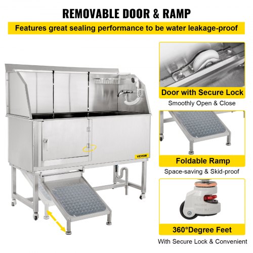 VEVOR Dog Grooming Tub, 62" L Pet Wash Station, 304 Stainless Steel Pet Grooming Tub Rated 661LBS Load Capacity, Non-Skid Dog Washing Station Comes with Ramp, Faucet, Sprayer and Drain Kit