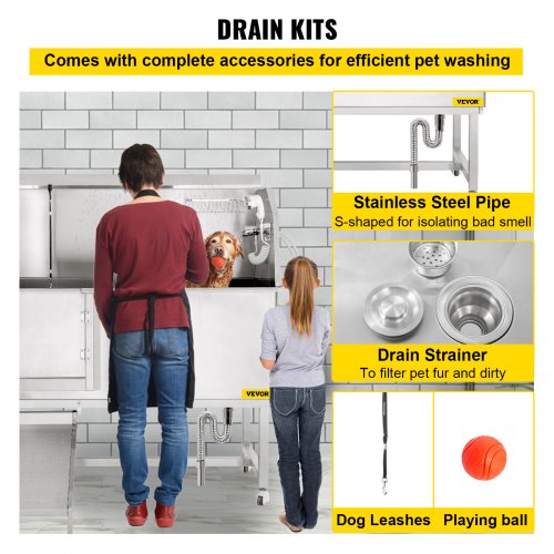 VEVOR Dog Grooming Tub, 62" L Pet Wash Station, 304 Stainless Steel Pet Grooming Tub Rated 661LBS Load Capacity, Non-Skid Dog Washing Station Comes with Ramp, Faucet, Sprayer and Drain Kit