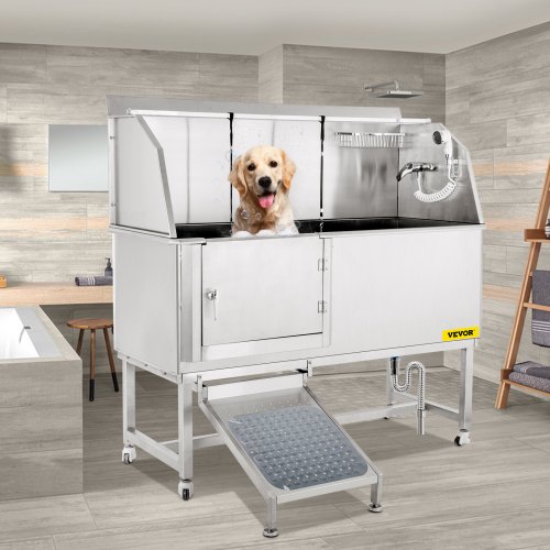 VEVOR Dog Grooming Tub, 62" L Pet Wash Station, 304 Stainless Steel Pet Grooming Tub Rated 661LBS Load Capacity, Non-Skid Dog Washing Station Comes with Ramp, Faucet, Sprayer and Drain Kit