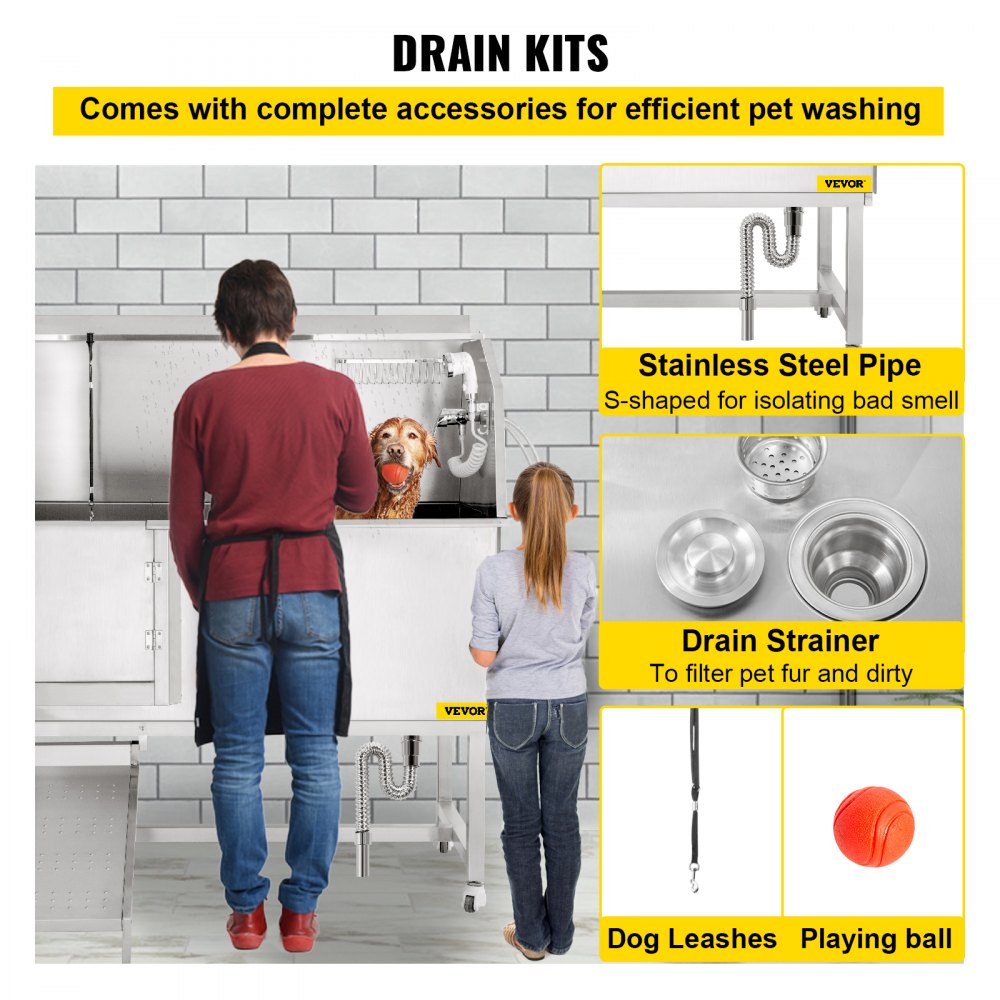 VEVOR Dog Grooming Tub, 1.6 m L Pet Wash Station, 304 Stainless Steel Pet Grooming Tub Rated 300 kg Load Capacity, Non-Skid Dog Washing Station Comes with Ramp, Faucet, Sprayer and Drain Kit