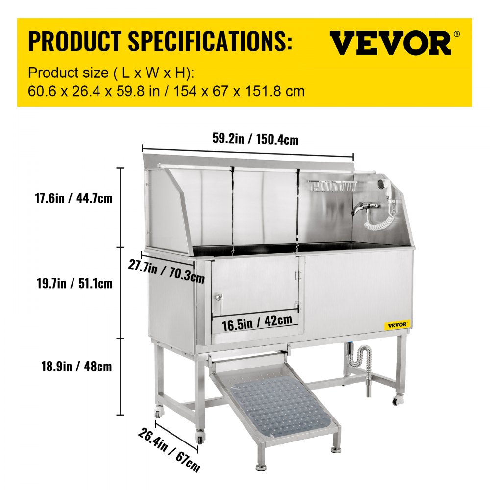 VEVOR Dog Grooming Tub, 1.6 m L Pet Wash Station, 304 Stainless Steel Pet Grooming Tub Rated 300 kg Load Capacity, Non-Skid Dog Washing Station Comes with Ramp, Faucet, Sprayer and Drain Kit