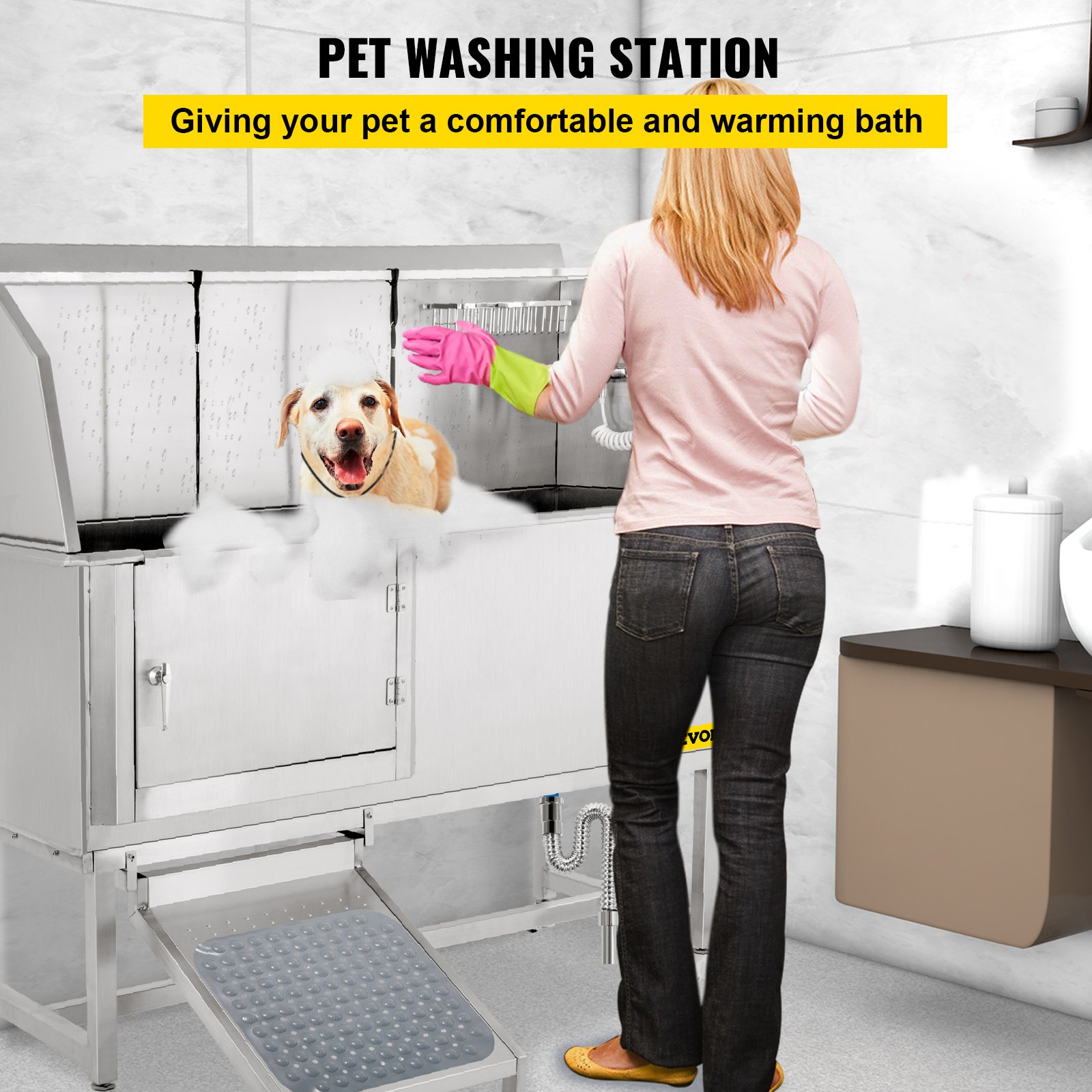 VEVOR Dog Grooming Tub, 1.6 m L Pet Wash Station, 304 Stainless Steel Pet Grooming Tub Rated 300 kg Load Capacity, Non-Skid Dog Washing Station Comes with Ramp, Faucet, Sprayer and Drain Kit