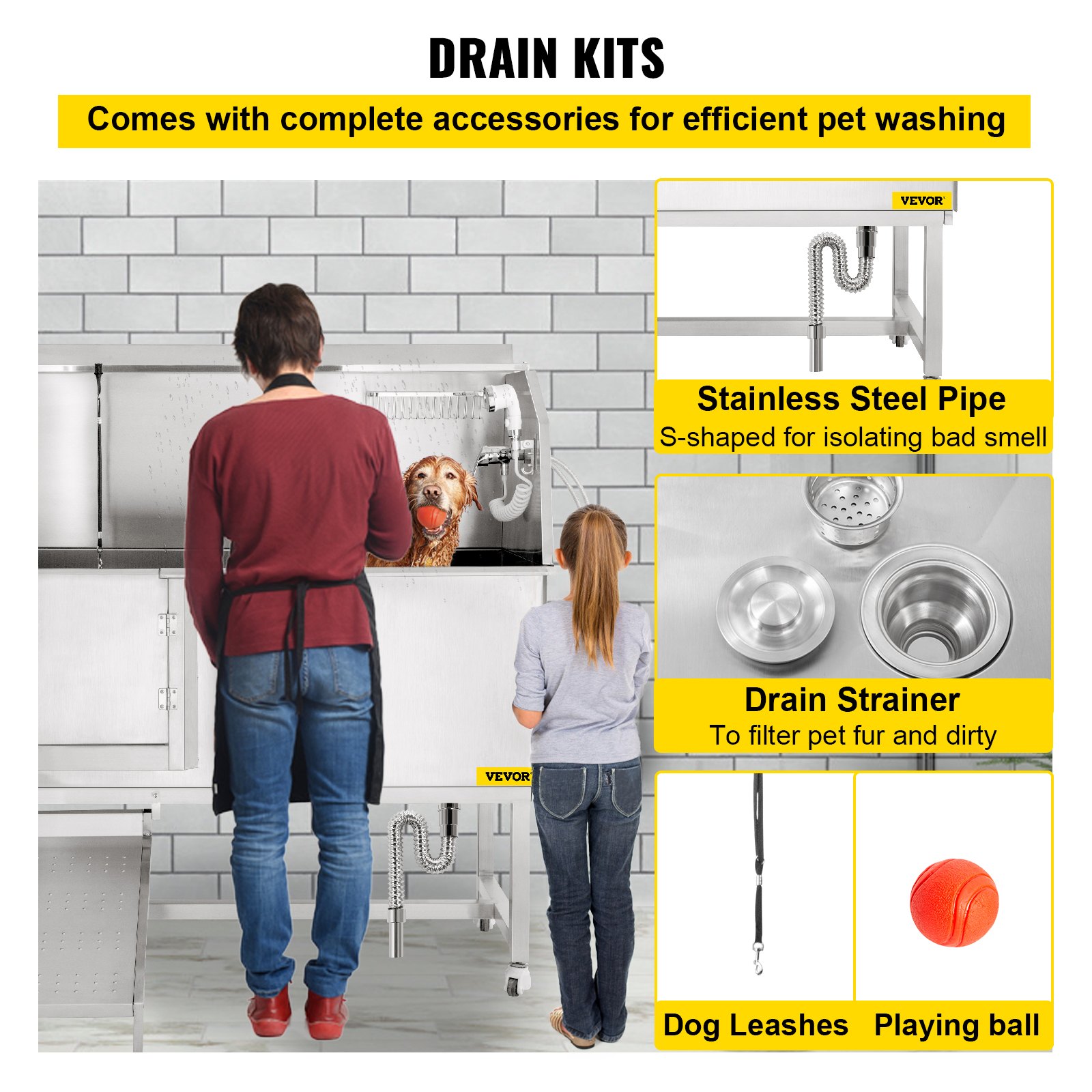 VEVOR Dog Grooming Tub, 1.6 m L Pet Wash Station, 304 Stainless Steel Pet Grooming Tub Rated 300 kg Load Capacity, Non-Skid Dog Washing Station Comes with Ramp, Faucet, Sprayer and Drain Kit