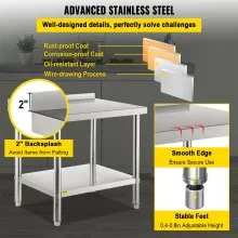 VEVOR Stainless Steel Prep Table, 36 x 24 x 35 Inch, 440lbs Load Capacity Heavy Duty Metal Worktable with Backsplash and Adjustable Undershelf, Commercial Workstation for Kitchen Restaurant