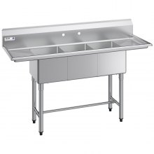 VEVOR 3 Compartment Sink, 18-Gauge 304 Stainless Steel, 14" x 16" x 11" Bowl Size, 3 Bay Commercial Kitchen Prep & Utility Sink with 2 Drainboards and Backsplash for Restaurant, Food Truck & Home Use