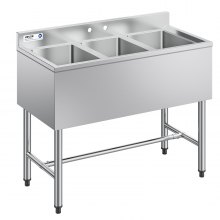 VEVOR 3 Compartment Sink, 18-Gauge 304 Stainless Steel, 10" x 14" x 10" Bowl Size, 3 Bay Commercial Under Bar Sink with Backsplash and Efficient Drainage for Kitchen, Restaurant, Food Truck & Home Use