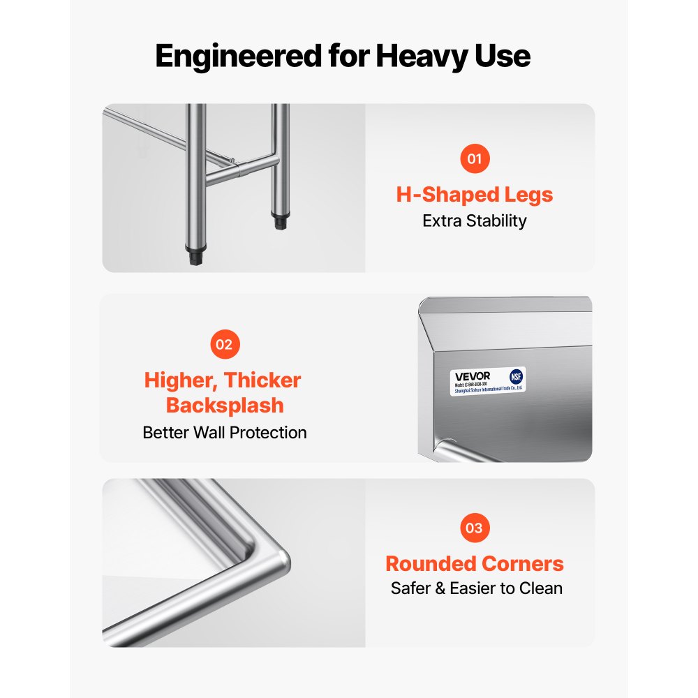 VEVOR 3 Compartment Sink, 18-Gauge 304 Stainless Steel, 254x356x254 mm Bowl Size, 3 Bay Commercial Kitchen Prep & Utility Sink with 2 Drainboards and Backsplash for Restaurant, Food Truck & Home Use