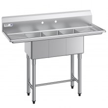 VEVOR 3 Compartment Sink, 18-Gauge 304 Stainless Steel, 10" x 14" x 10" Bowl Size, 3 Bay Commercial Kitchen Prep & Utility Sink with 2 Drainboards and Backsplash for Restaurant, Food Truck & Home Use