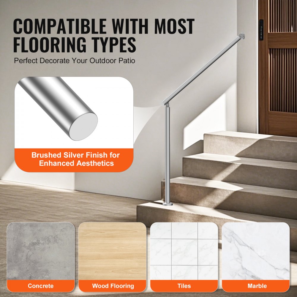 VEVOR Handrails for Outdoor Steps, 100cm Deck Railing Kit Wall Floor Mounted, Railings for Outside Steps with Installation Kit, Hand Rails for Seniors,Porch Railing & Deck Rail Kit, Silver