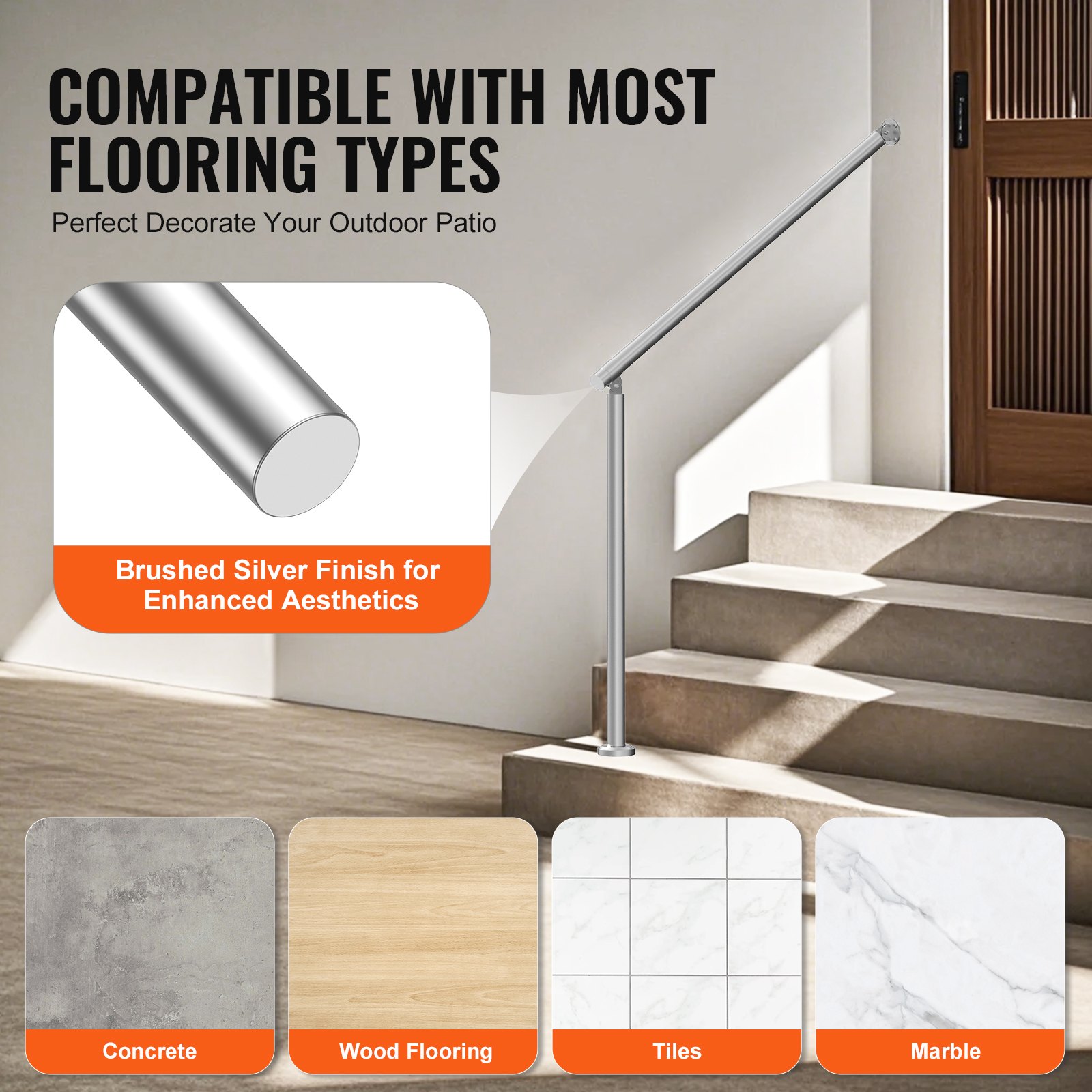 VEVOR Handrails for Outdoor Steps, 100cm Deck Railing Kit Wall Floor Mounted, Railings for Outside Steps with Installation Kit, Hand Rails for Seniors,Porch Railing & Deck Rail Kit, Silver