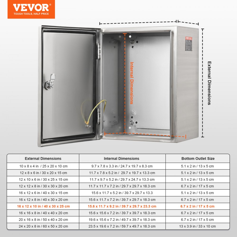 VEVOR Steel Electrical Box, 16"x 12"x 10", 304 Stainless Steel Electrical Enclosure Box, Wall-Mounted Outdoor Electrical Electronic Equipment Enclosure with Mounting Plate Hinges Lock, IP66 Waterproof