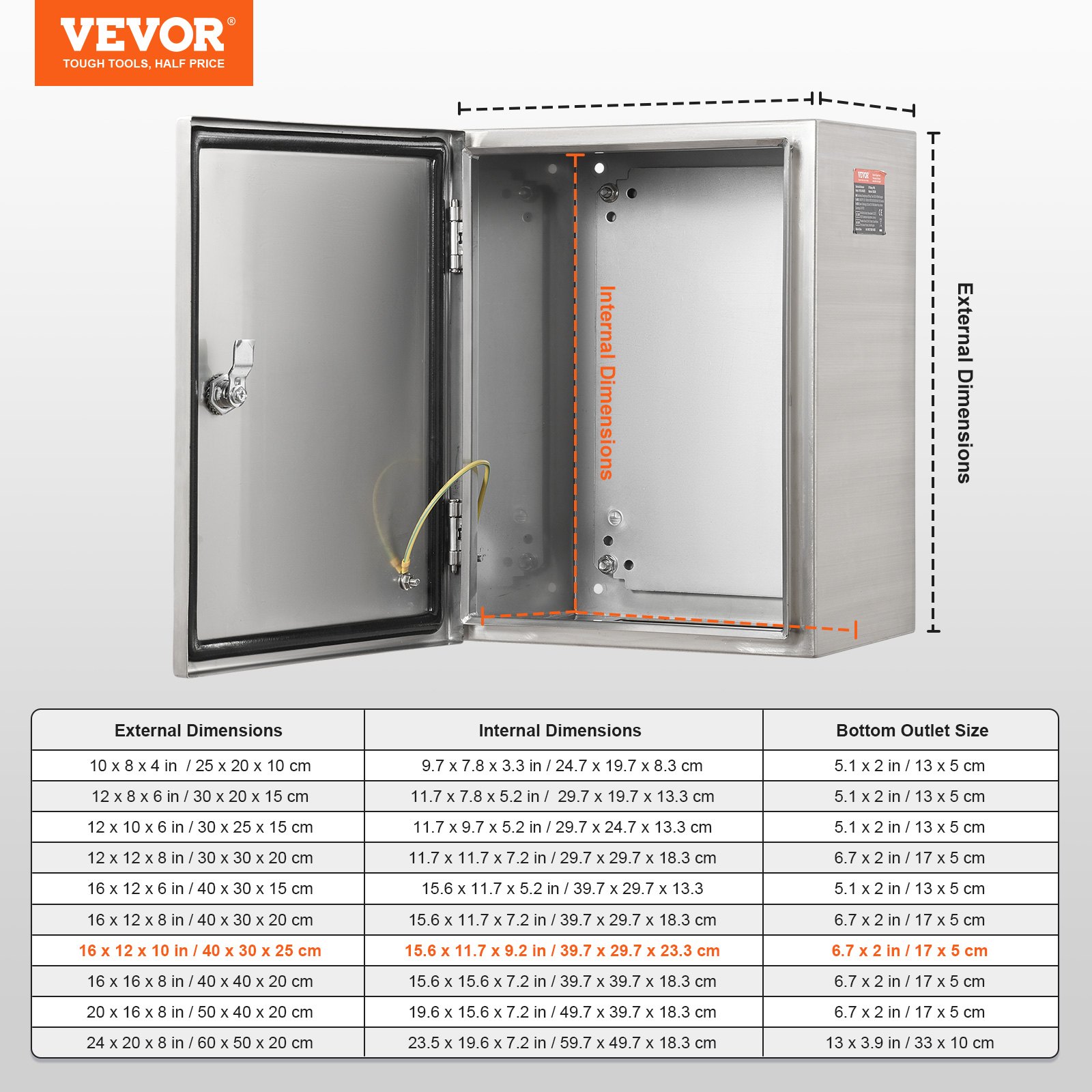 VEVOR Steel Electrical Box, 16"x 12"x 10", 304 Stainless Steel Electrical Enclosure Box, Wall-Mounted Outdoor Electrical Electronic Equipment Enclosure with Mounting Plate Hinges Lock, IP66 Waterproof