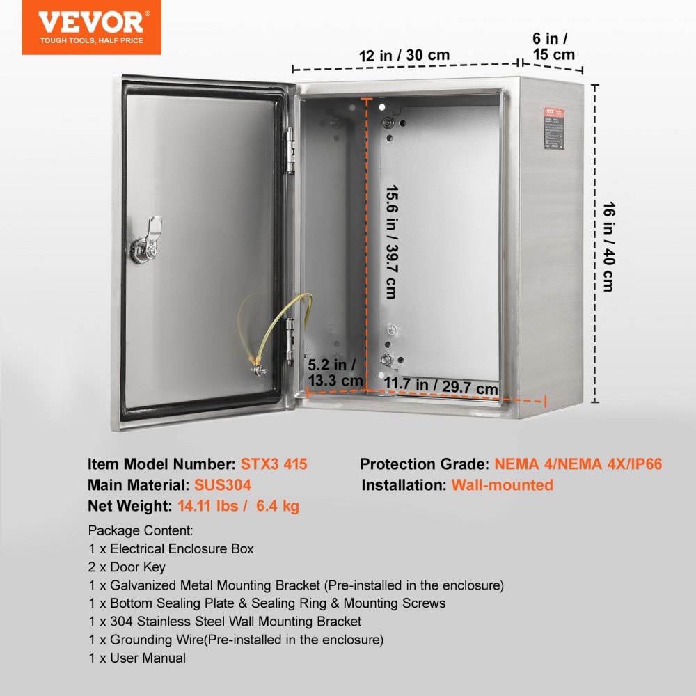 VEVOR Steel Electrical Box, 40 x 30 x 15 cm, 304 Stainless Steel Electrical Enclosure Box, Wall-Mounted Outdoor Electrical Electronic Equipment Enclosure with Mounting Plate Hinges Lock, IP66 Waterproof