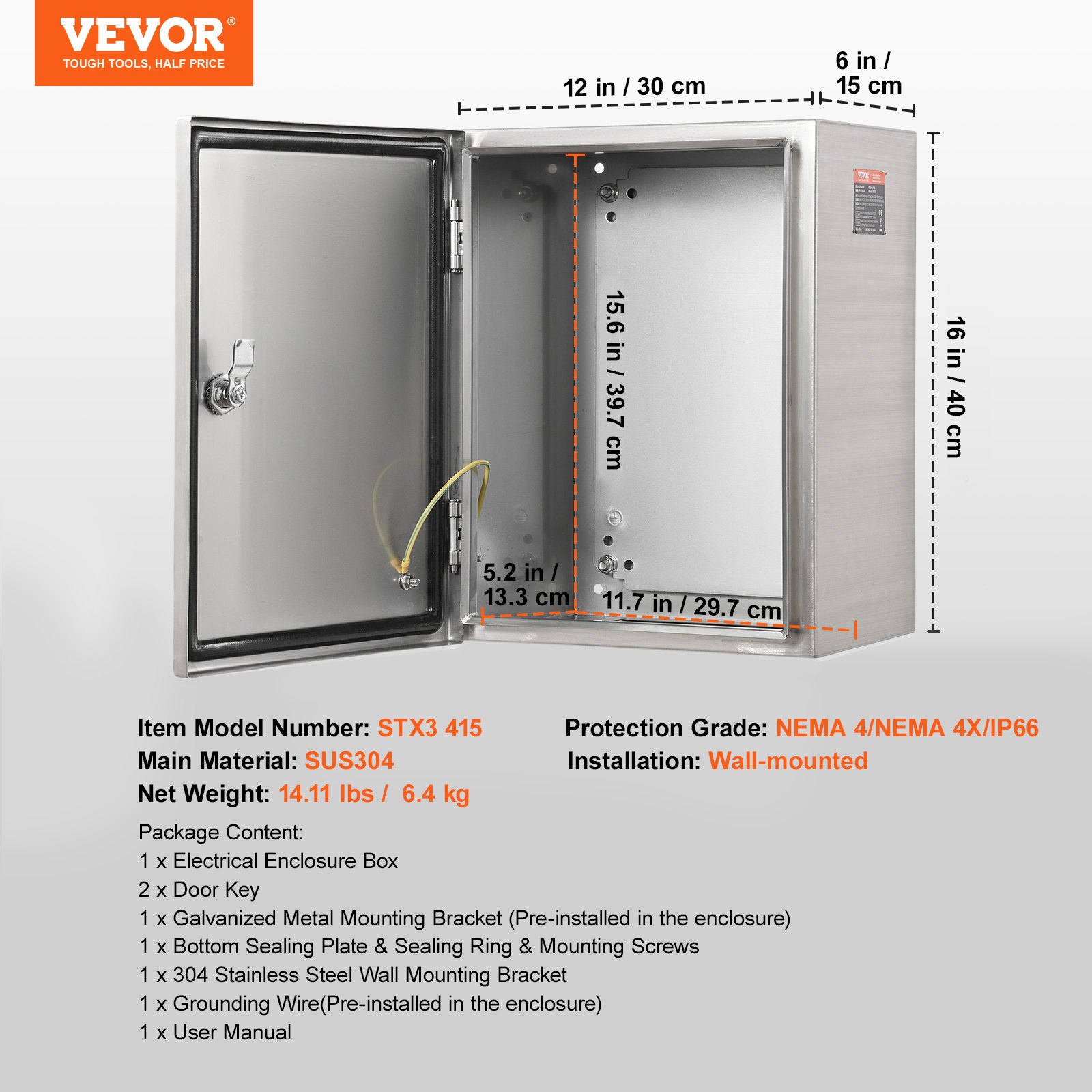 VEVOR Steel Electrical Box, 40 x 30 x 15 cm, 304 Stainless Steel Electrical Enclosure Box, Wall-Mounted Outdoor Electrical Electronic Equipment Enclosure with Mounting Plate Hinges Lock, IP66 Waterproof