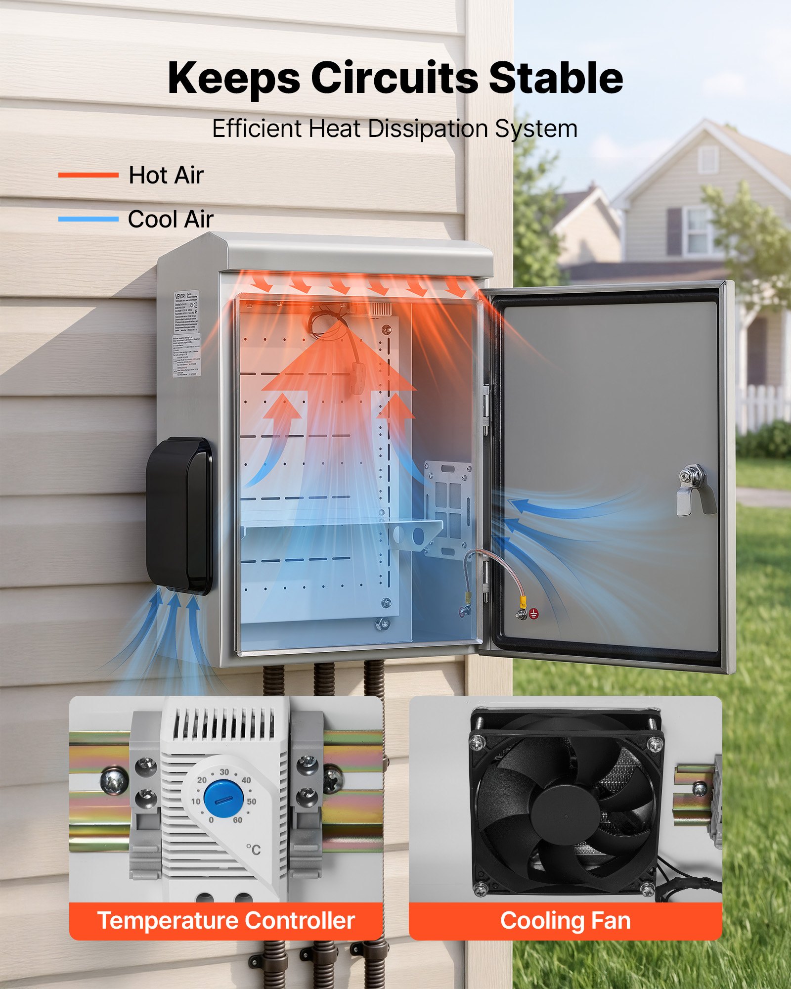 VEVOR Outdoor Electrical Box, 20 x 16 x 8 in, Stainless Steel Ventilated Electrical Enclosure with Thermostat and Fan, Rain Hood, Hinge Connection, IP65 Waterproof Junction Box, Wall/Pole Mounted,