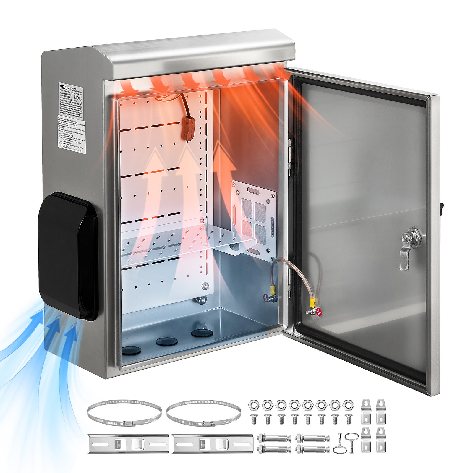 VEVOR Outdoor Electrical Box, 20 x 16 x 8 in, Stainless Steel Ventilated Electrical Enclosure with Thermostat and Fan, Rain Hood, Hinge Connection, IP65 Waterproof Junction Box, Wall/Pole Mounted,