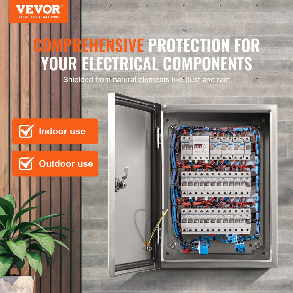 VEVOR Steel Electrical Box, 50 x 40 x 20 cm, 304 Stainless Steel Electrical Enclosure Box, Wall-Mounted Outdoor Electrical Electronic Equipment Enclosure with Mounting Plate Hinges Lock, IP66 Waterproof