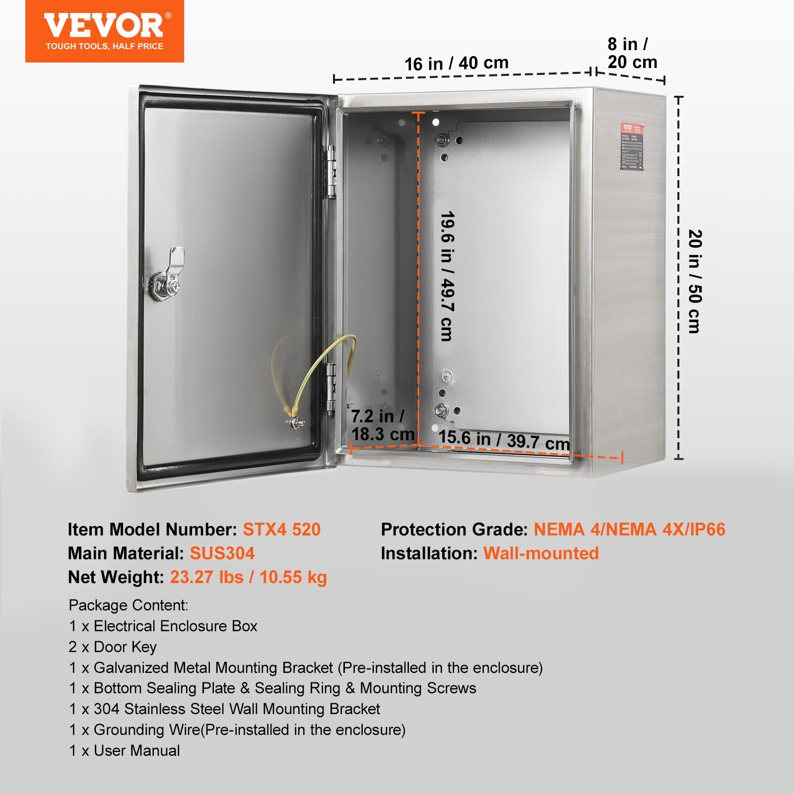 VEVOR Steel Electrical Box, 50 x 40 x 20 cm, 304 Stainless Steel Electrical Enclosure Box, Wall-Mounted Outdoor Electrical Electronic Equipment Enclosure with Mounting Plate Hinges Lock, IP66 Waterproof