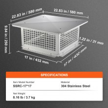 VEVOR Chimney Cap, 431.8x431.8mm, 304 Stainless Steel Fireplace Chimney Cover, Not Easily Toppled & Practical Accessories & Easy Installation, Fits Mesh Flue Covers Outside Clay Flue Shingles, Silver