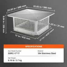 VEVOR Chimney Cap, 17 x 17 inch, 304 Stainless Steel Fireplace Chimney Cover, Not Easily Toppled & Practical Accessories & Easy Installation, Fits Mesh Flue Covers Outside Clay Flue Shingles, Silver