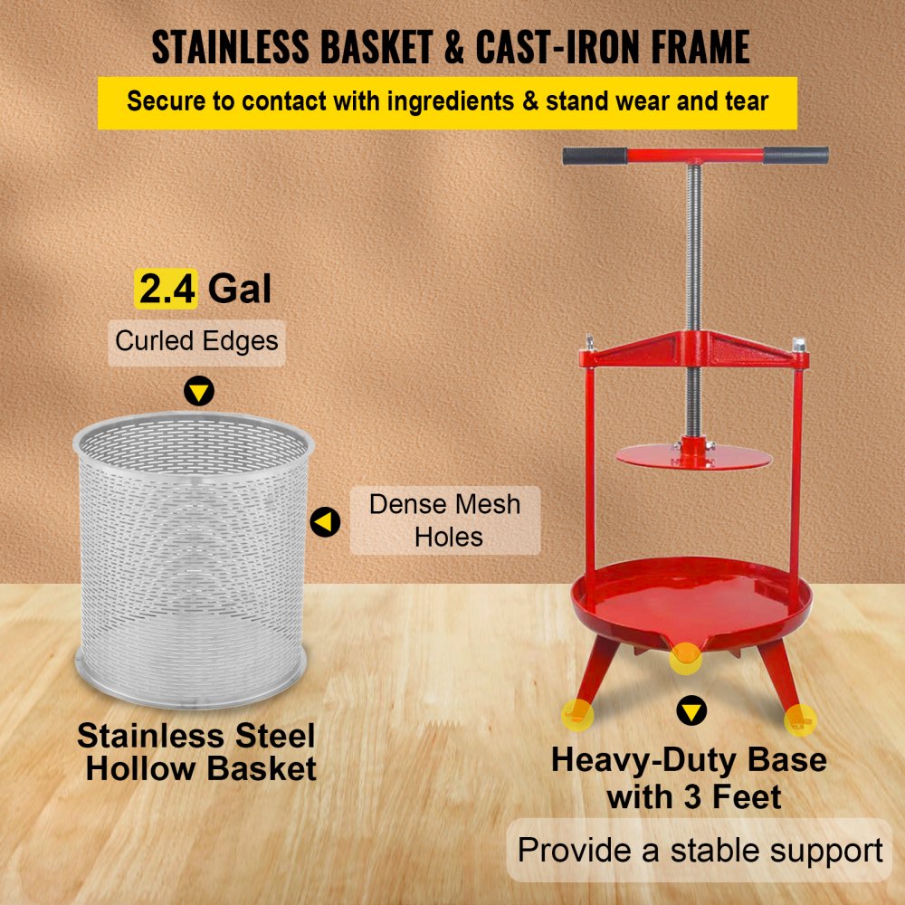 VEVOR Fruit Wine Press, 2.4Gal/9L, Cast Iron Manual Grape Presser for Wine Making, Cider Tincture Vegetables Honey Olive Oil Press with Stainless Steel Hollow Basket T-Handle 0.1" Thick Plate 3 Feet