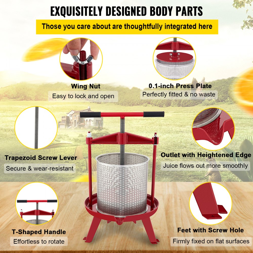VEVOR Fruit Wine Press, 2.4Gal/9L, Cast Iron Manual Grape Presser for Wine Making, Cider Tincture Vegetables Honey Olive Oil Press with Stainless Steel Hollow Basket T-Handle 0.1" Thick Plate 3 Feet