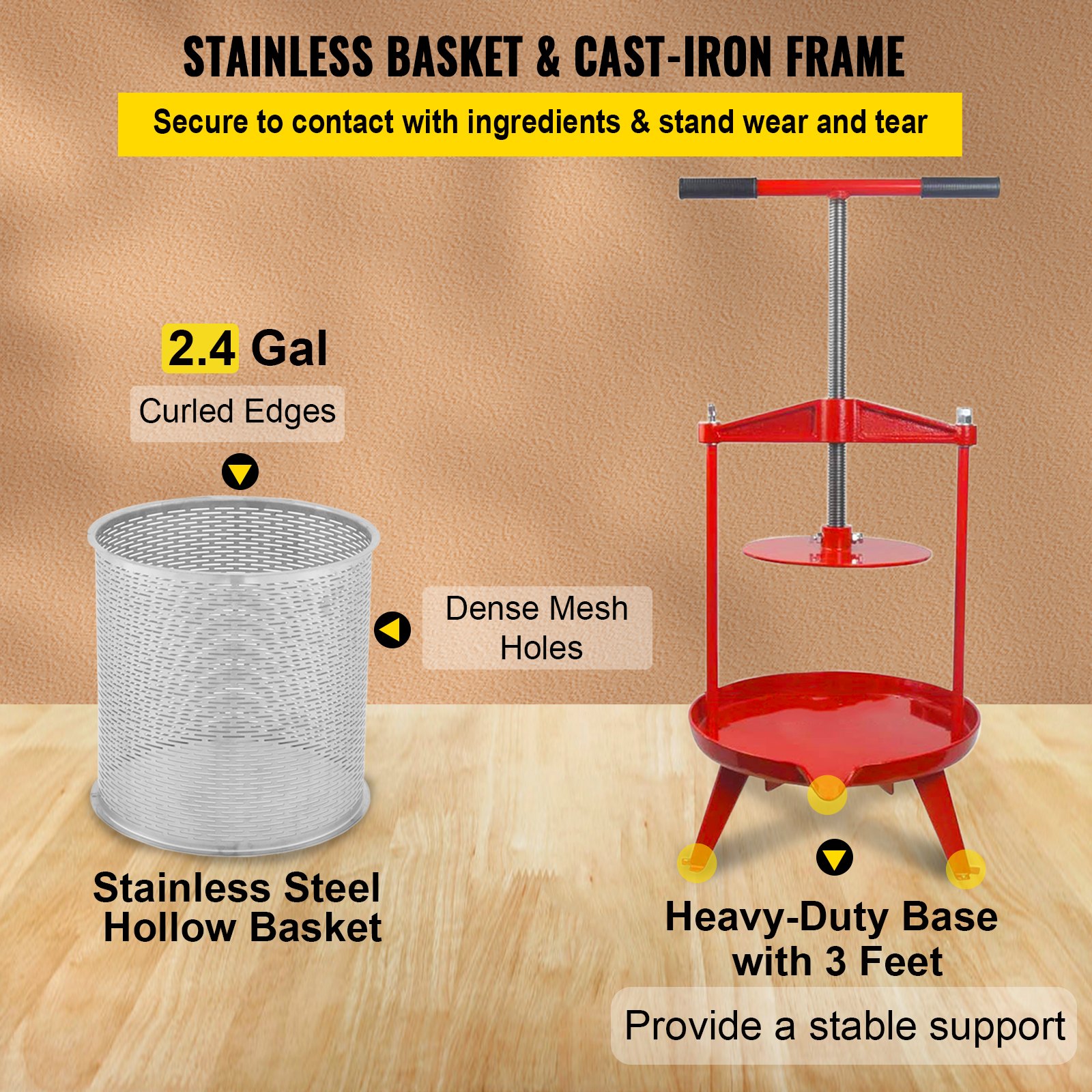 VEVOR Fruit Wine Press, 2.4Gal/9L, Cast Iron Manual Grape Presser for Wine Making, Cider Tincture Vegetables Honey Olive Oil Press with Stainless Steel Hollow Basket T-Handle 0.1" Thick Plate 3 Feet