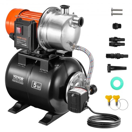 VEVOR 1.6 HP Shallow Well Pump with Pressure Tank, 1320 GPH, Automatic Irrigation Water Booster Pump with 5-Gal Pressure Tank 30/50 PSI Pressure Switch, Stainless Steel Pump Head for Home Garden Lawn