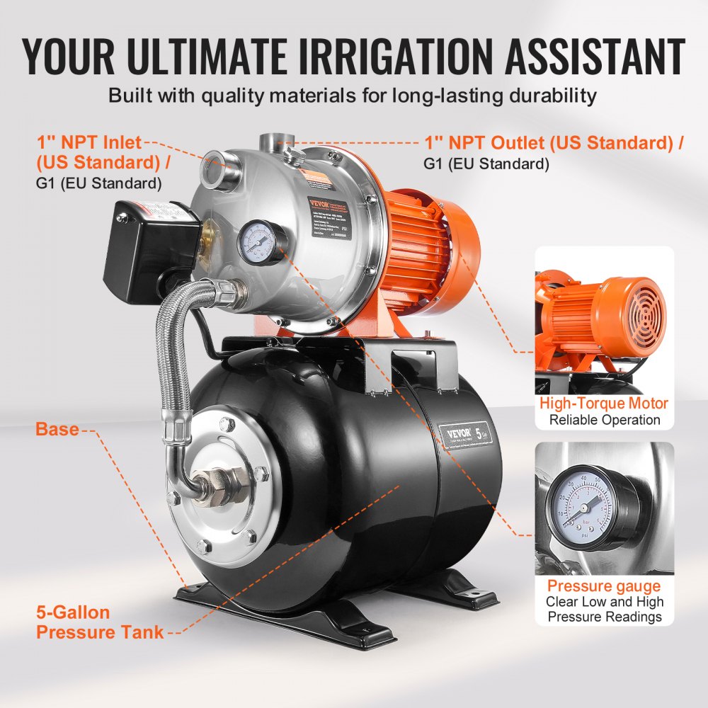 VEVOR 1.6 HP Shallow Well Pump with Pressure Tank, 1320 GPH, Automatic Irrigation Water Booster Pump with 30/50 PSI Pressure Switch for Home Garden Lawn, for Drinking Water Security