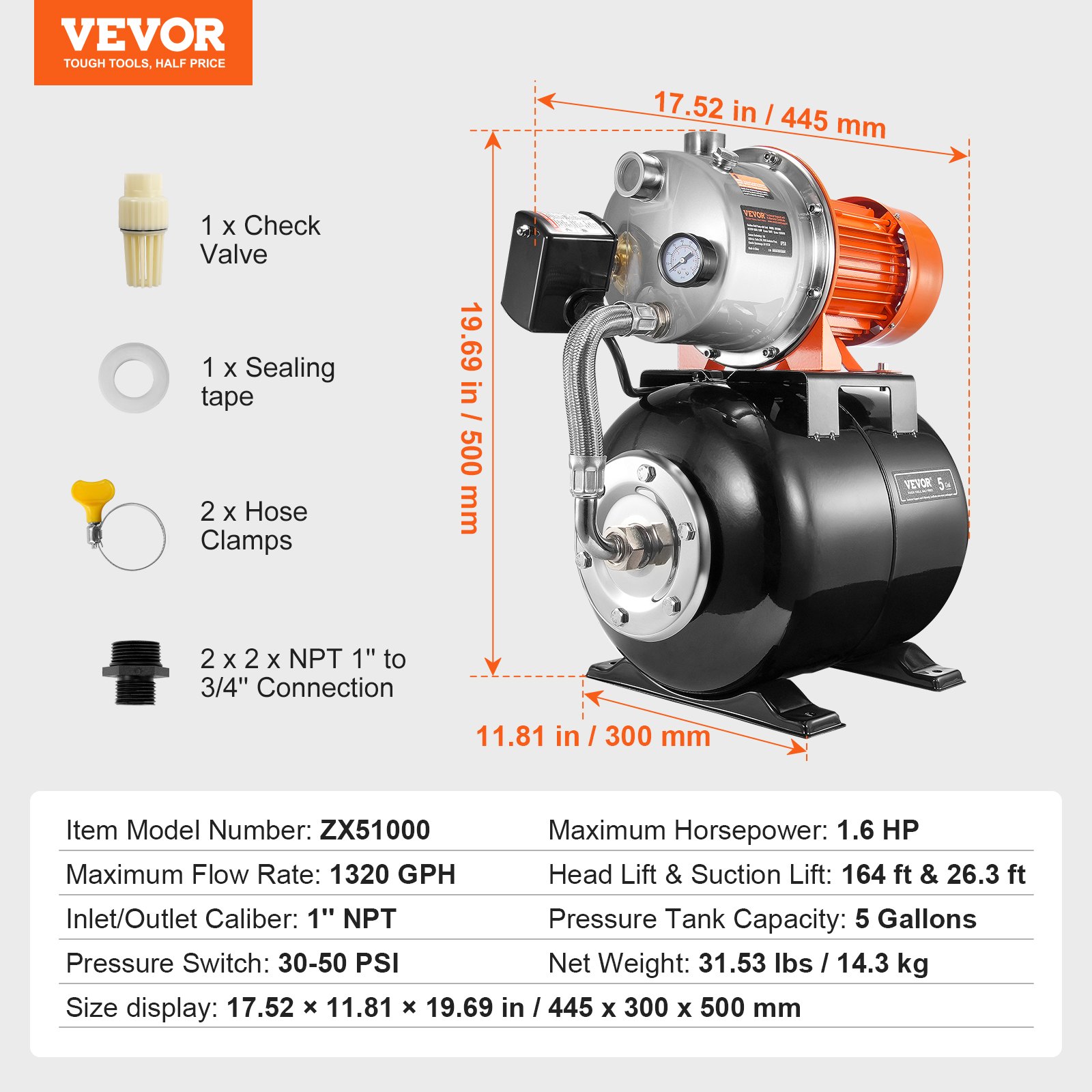 VEVOR 1.6 HP Shallow Well Pump with Pressure Tank, 1320 GPH, Automatic Irrigation Water Booster Pump with 30/50 PSI Pressure Switch for Home Garden Lawn, for Drinking Water Security