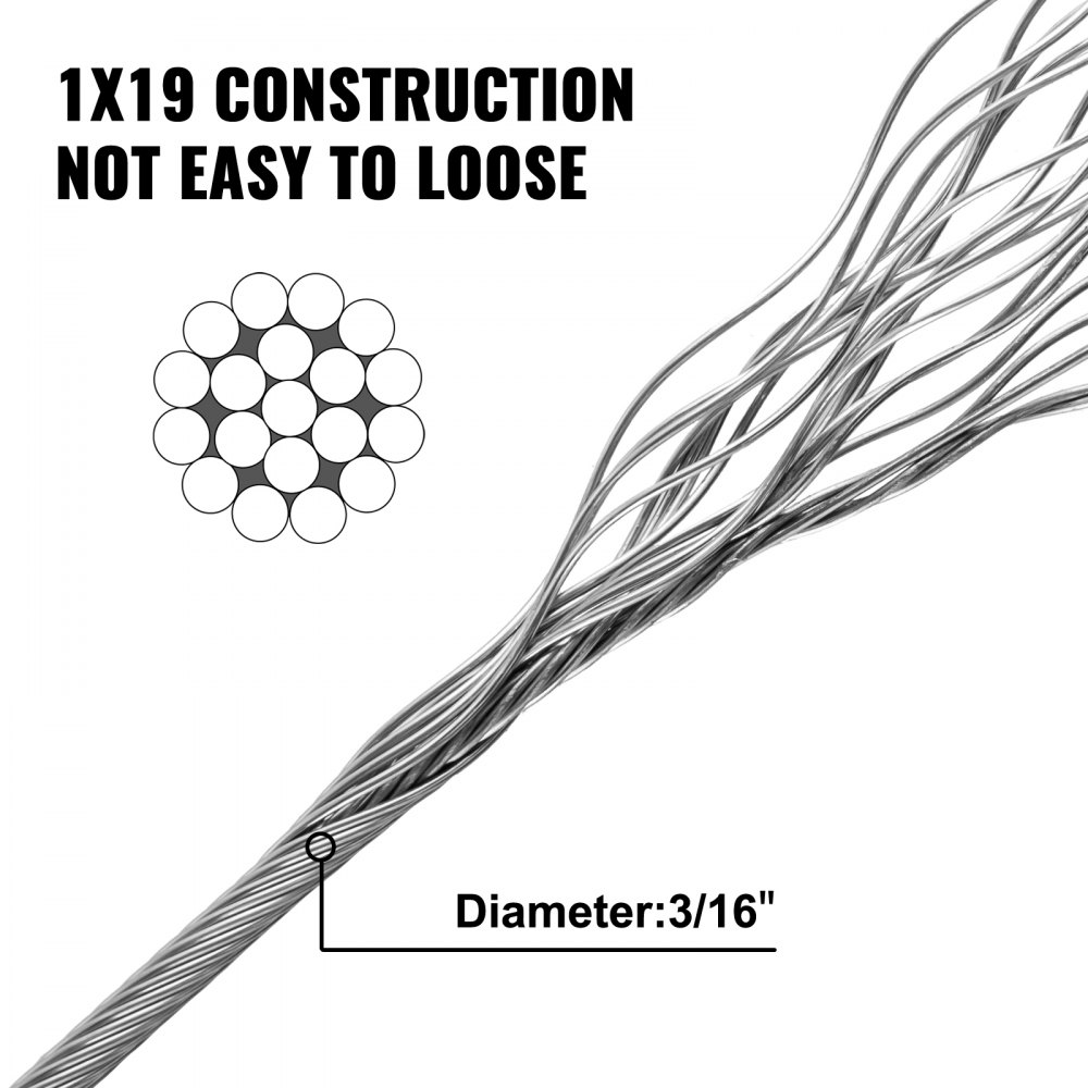 VEVOR 316 Stainless Steel Wire Rope Steel Wire Cable 4.8mm x 152.5m 1905kg 1x19