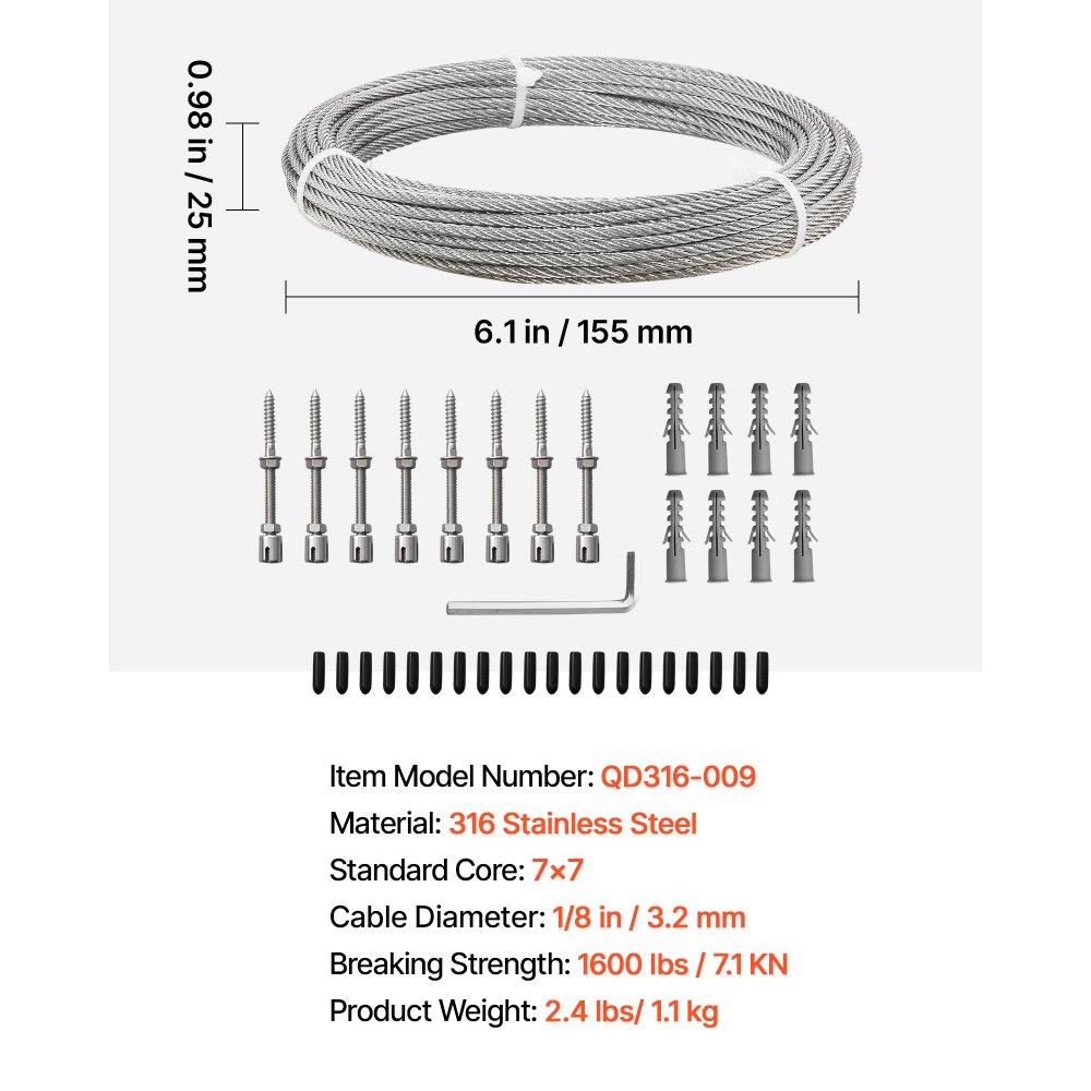 VEVOR 3.2 mm Wire Rope Kit, 12.2 m Length, 316 Stainless Steel Wire Cable, 7.1 kN Breaking Strength, 7 x 7 Strands Construction, Steel Cable for Deck Railing System, Garden Trellis, String Lights