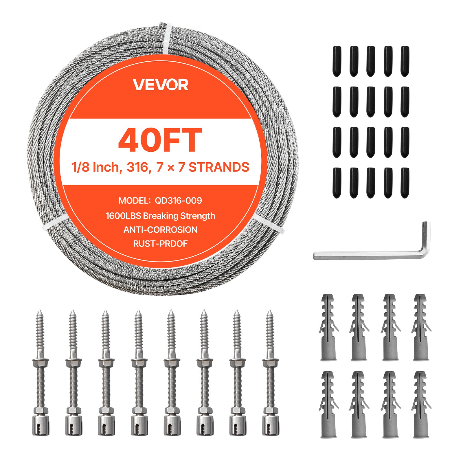 VEVOR 3.2 mm Wire Rope Kit, 12.2 m Length, 316 Stainless Steel Wire Cable, 7.1 kN Breaking Strength, 7 x 7 Strands Construction, Steel Cable for Deck Railing System, Garden Trellis, String Lights