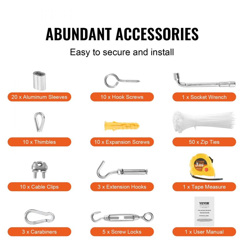 VEVOR Wire Rope Kit, 3.18 mm 30.5 m 304 Stainless Steel Cable with 124 Accessories, 7.1KN Breaking Strength, 7x7 Strands Construction Marine Aircraft Grade for Handrail Stair Decking Fence Outdoors