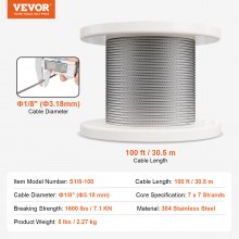 VEVOR T304 Stainless Steel Cable 3.18mm 7x7 Steel Wire Rope 30.5m Cable Railing