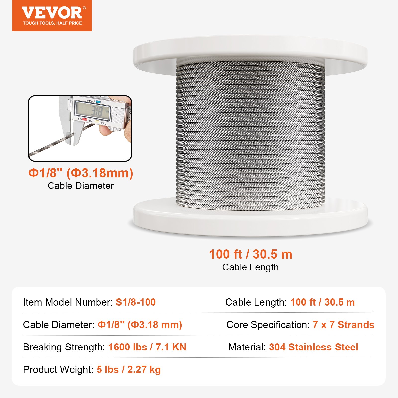 VEVOR Wire Rope Kit, 3.18 mm 30.5 m 304 Stainless Steel Cable with 124 Accessories, 7.1KN Breaking Strength, 7x7 Strands Construction Marine Aircraft Grade for Handrail Stair Decking Fence Outdoors