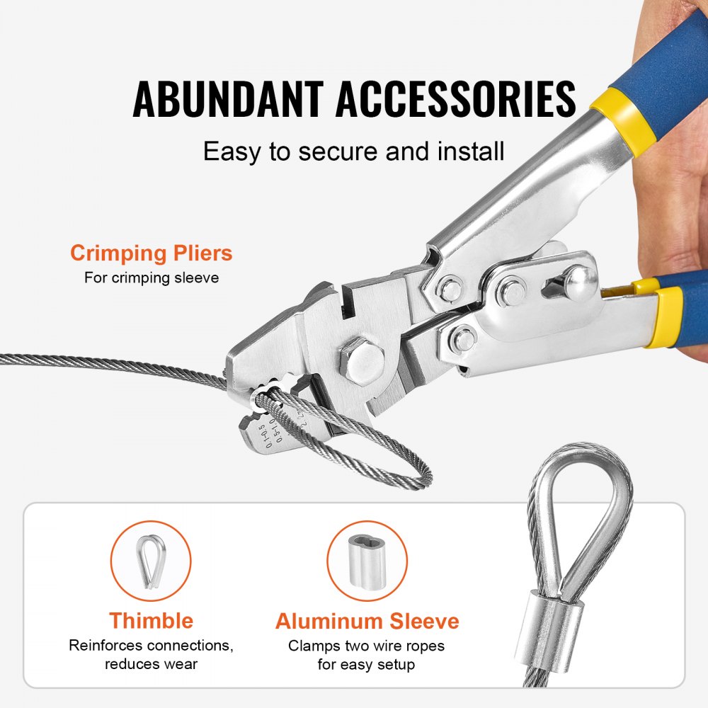 VEVOR Wire Rope Kit, 1.59mm 20.2m 304 Stainless Steel Cable with Crimping Pliers, 160 Sleeves and 12 Thimbles, 7x7 Strands Construction Marine Aircraft Grade for Handrail Stair Decking Fence Outdoors