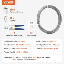 VEVOR T304 Stainless Steel Cable 1.59mm 7x7 Steel Wire Rope 20.2m Cable Railing