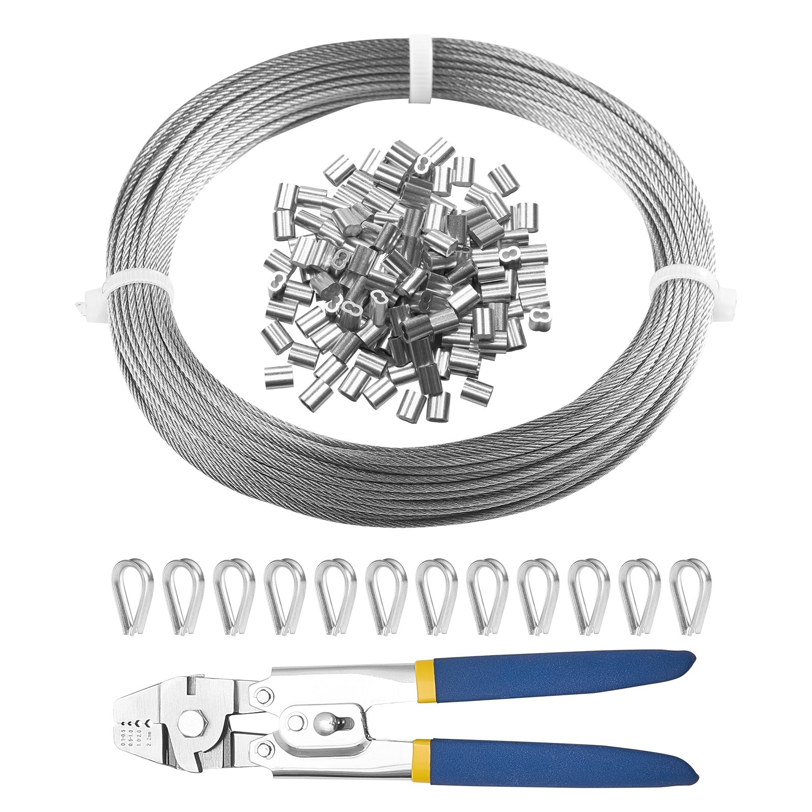 VEVOR Wire Rope Kit, 1.59mm 20.2m 304 Stainless Steel Cable with Crimping Pliers, 160 Sleeves and 12 Thimbles, 7x7 Strands Construction Marine Aircraft Grade for Handrail Stair Decking Fence Outdoors