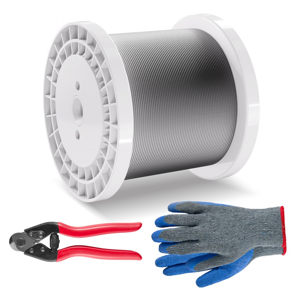 VEVOR Wire Rope Kit, 3.18 mm 305 m 316 Stainless Steel Cable with Cutter and Gloves, 7.1KN Breaking Strength, 7x7 Strands Construction Marine Aircraft Grade for Handrail Stair Decking Fence Outdoors
