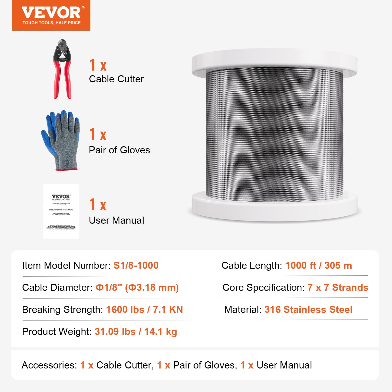 VEVOR Wire Rope Kit, 3.18 mm 305 m 316 Stainless Steel Cable with Cutter and Gloves, 7.1KN Breaking Strength, 7x7 Strands Construction Marine Aircraft Grade for Handrail Stair Decking Fence Outdoors