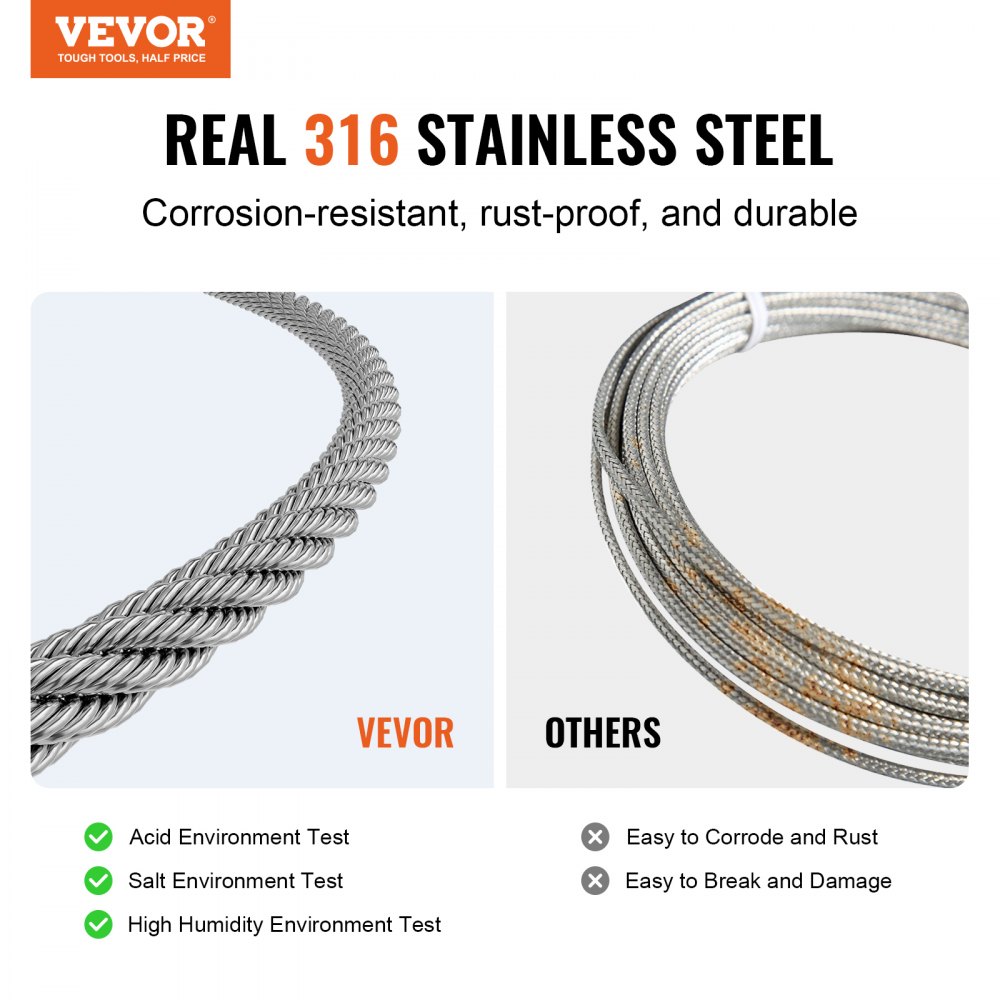 VEVOR Wire Rope Kit, 1/8" 100 ft 316 Stainless Steel Cable with 20 Sleeves and 10 Thimbles, 1600 lbs Breaking Strength, 7x7 Strands Marine Aircraft Grade for Handrail Stair Decking Fence Outdoors