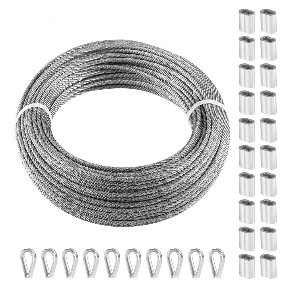 VEVOR Wire Rope Kit, 1/8" 100 ft 316 Stainless Steel Cable with 20 Sleeves and 10 Thimbles, 1600 lbs Breaking Strength, 7x7 Strands Marine Aircraft Grade for Handrail Stair Decking Fence Outdoors