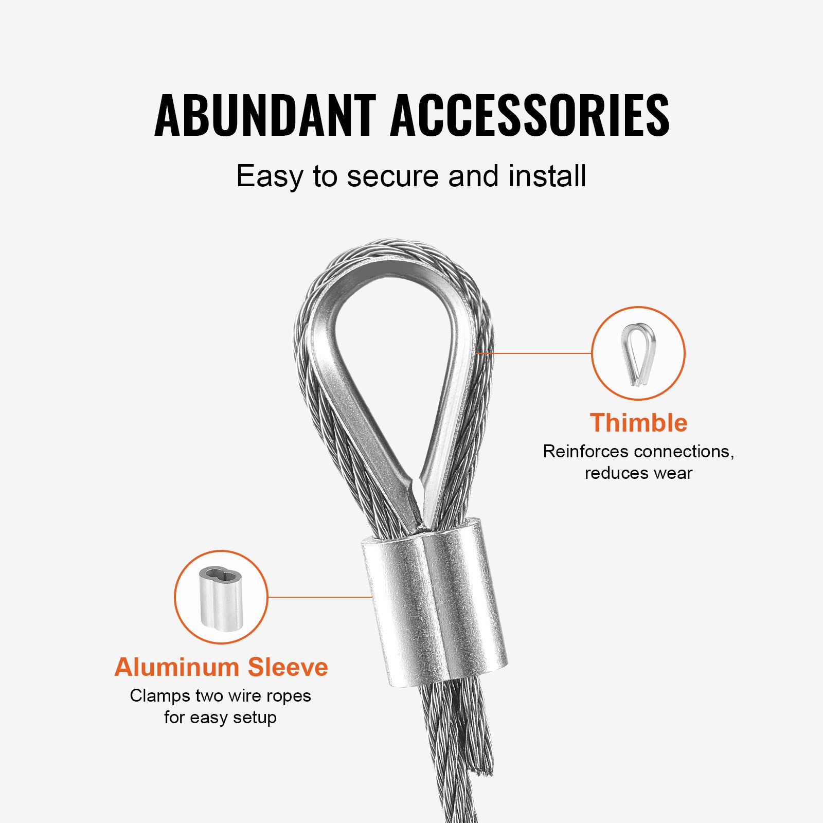 VEVOR Wire Rope Kit, 3.18 mm 30.5 m 316 Stainless Steel Cable with 20 Sleeves and 10 Thimbles, 7.1KN Breaking Strength, 7x7 Strands Marine Aircraft Grade for Handrail Stair Decking Fence Outdoors