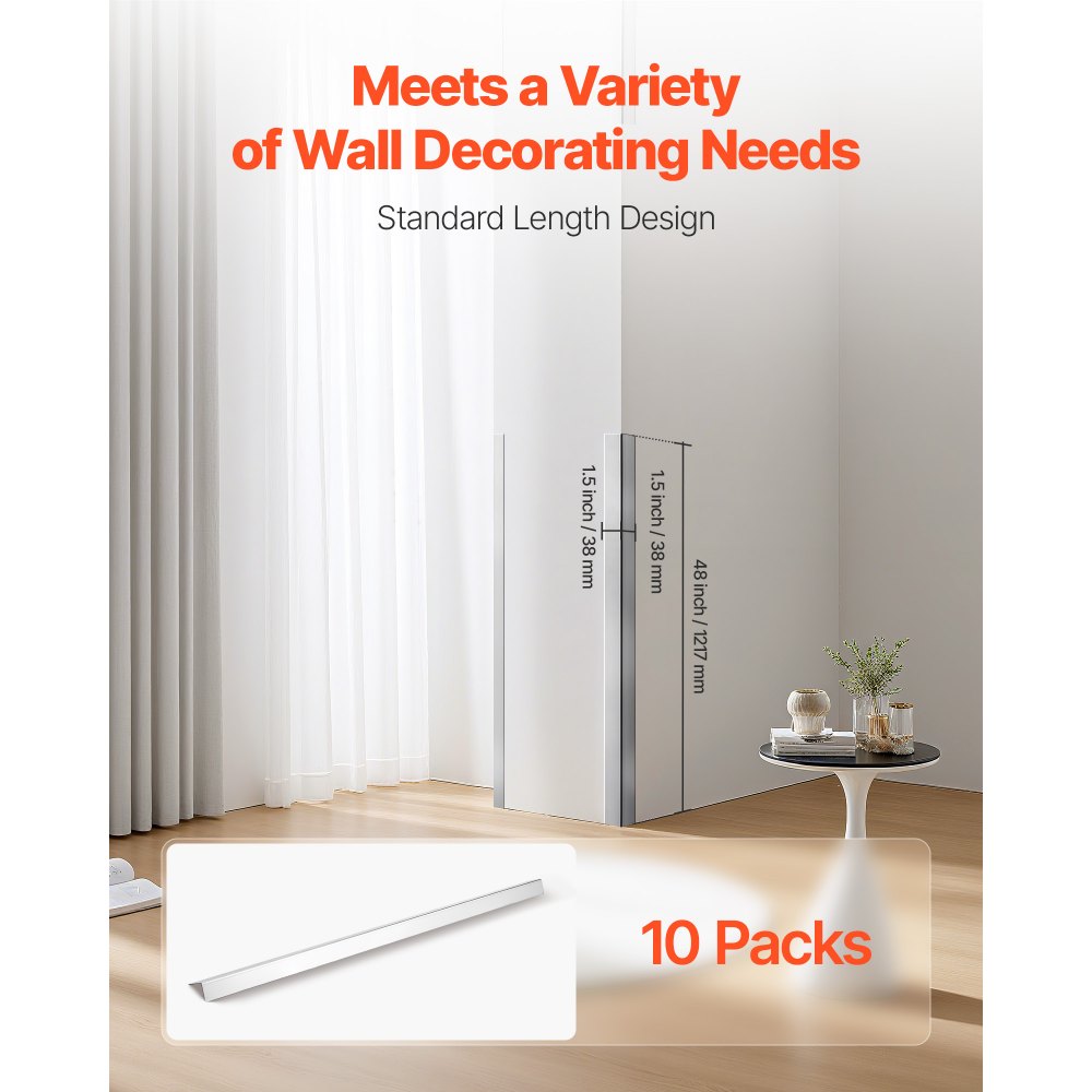 VEVOR Stainless Steel Wall Corner Protector, 38 x 38 x 1217 mm, 10 Pack Metal Corner Guards, 304 Stainless Steel Edge Trim 90-Degree Angle for Home,Office,Commercial Wall Protection, with 3m Tape
