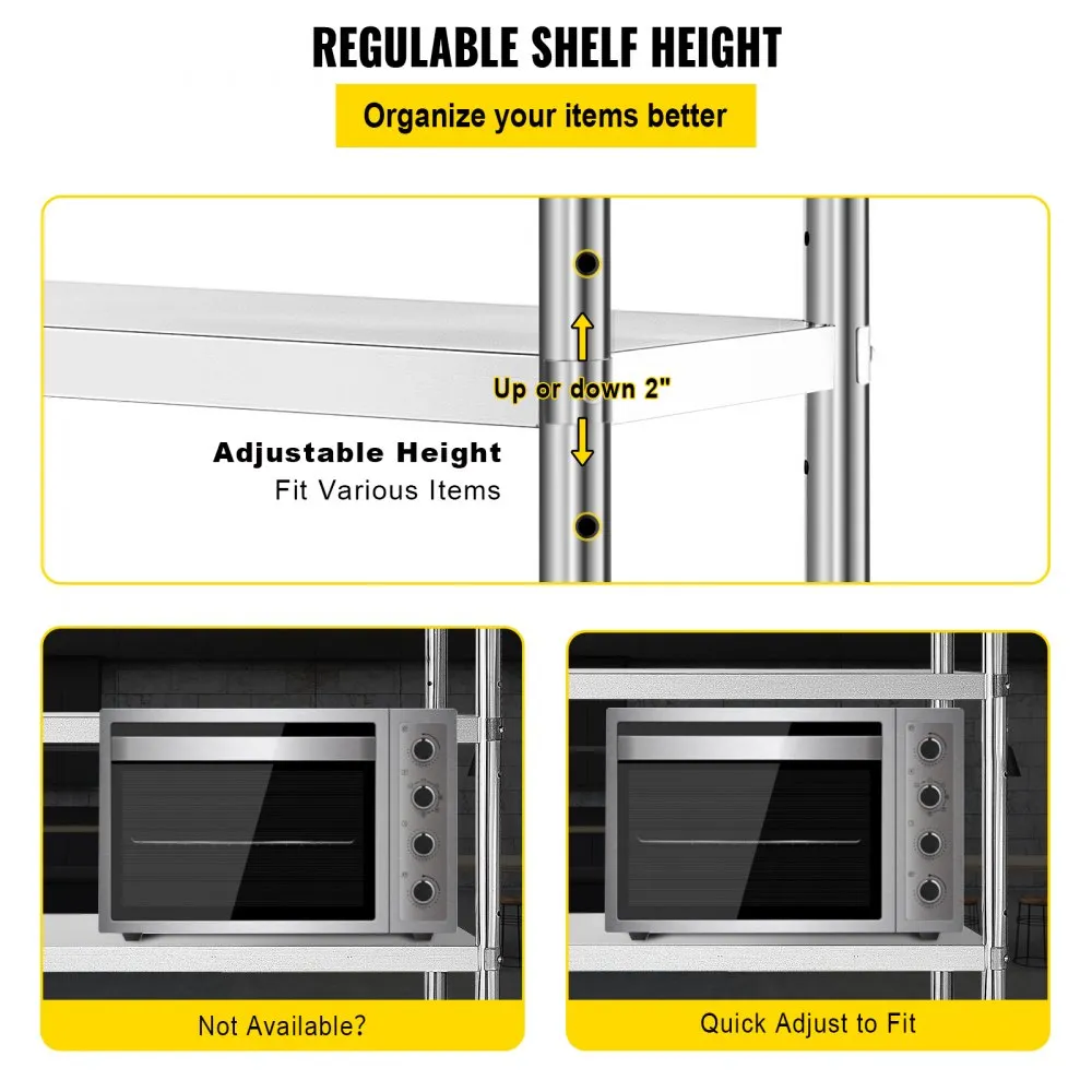 VEVOR Stainless Steel Shelving 60x18.5 Inch 4 Tier Adjustable Shelf Storage Unit Stainless Steel Heavy Duty Shelving for Kitchen Commercial Office Garage Storage 330lb Per Shelf