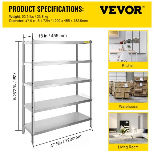 VEVOR Stainless Steel Shelves 47.5x18 Inch 5 Tier Adjustable Shelf Storage  Unit Stainless Steel Rack Shelving Heavy Duty Shelving for Kitchen  Commercial Office Garage Storage 330lb Per Shelf