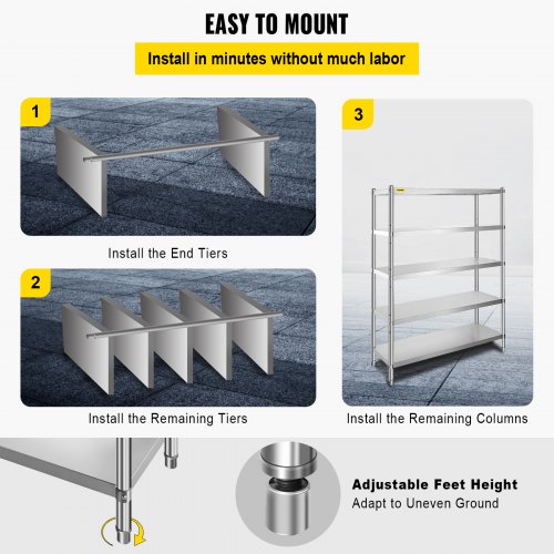 VEVOR Shelving Unit 48x18.5 Inch Storage Shelves 5-Tier shelving Units And Storage Adjustable Shelf Storage Unit Adjustable Feet Shelving Units Stainless Steel Kitchen Shelves
