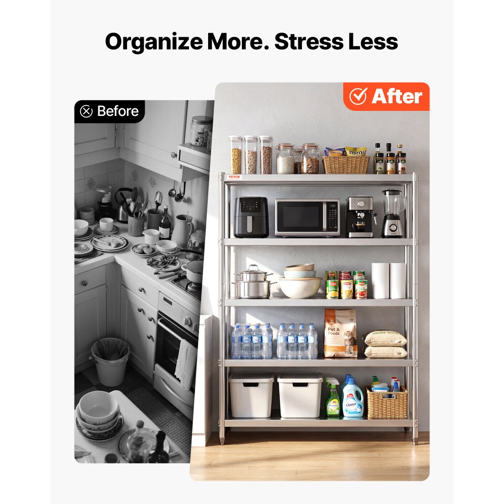 VEVOR Shelving Unit 48x18.5 Inch Storage Shelves 5-Tier shelving Units And Storage Adjustable Shelf Storage Unit Adjustable Feet Shelving Units Stainless Steel Kitchen Shelves